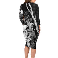 Hawaii Ukulele Family Matching Long Sleeve Bodycon Dress and Hawaiian Shirt Tropical Flowers With Palaka Effect Black Version - Polynesian Pride