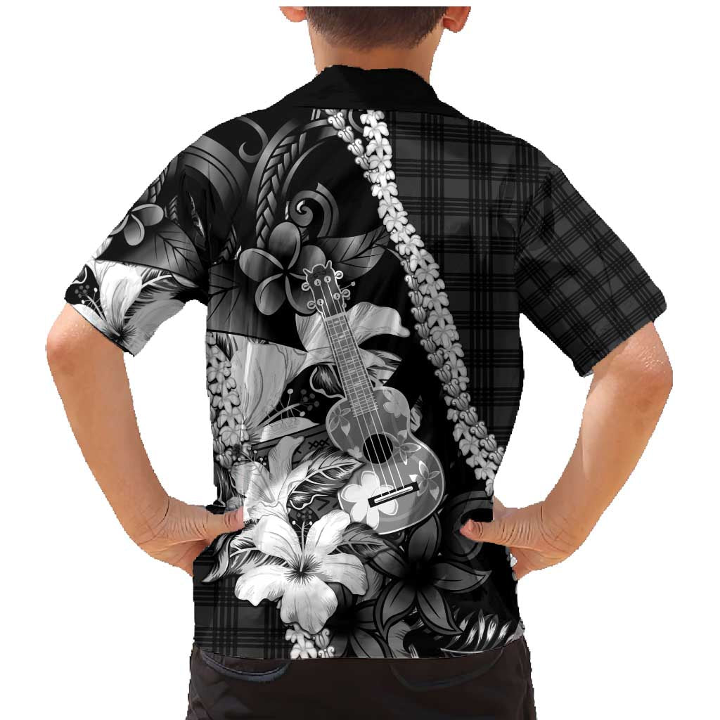 Hawaii Ukulele Family Matching Mermaid Dress and Hawaiian Shirt Tropical Flowers With Palaka Effect Black Version - Polynesian Pride