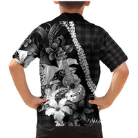 Hawaii Ukulele Family Matching Mermaid Dress and Hawaiian Shirt Tropical Flowers With Palaka Effect Black Version - Polynesian Pride
