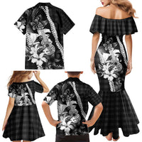 Hawaii Ukulele Family Matching Mermaid Dress and Hawaiian Shirt Tropical Flowers With Palaka Effect Black Version - Polynesian Pride