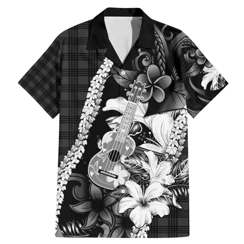 Hawaii Ukulele Family Matching Mermaid Dress and Hawaiian Shirt Tropical Flowers With Palaka Effect Black Version - Polynesian Pride
