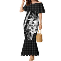 Hawaii Ukulele Family Matching Mermaid Dress and Hawaiian Shirt Tropical Flowers With Palaka Effect Black Version - Polynesian Pride