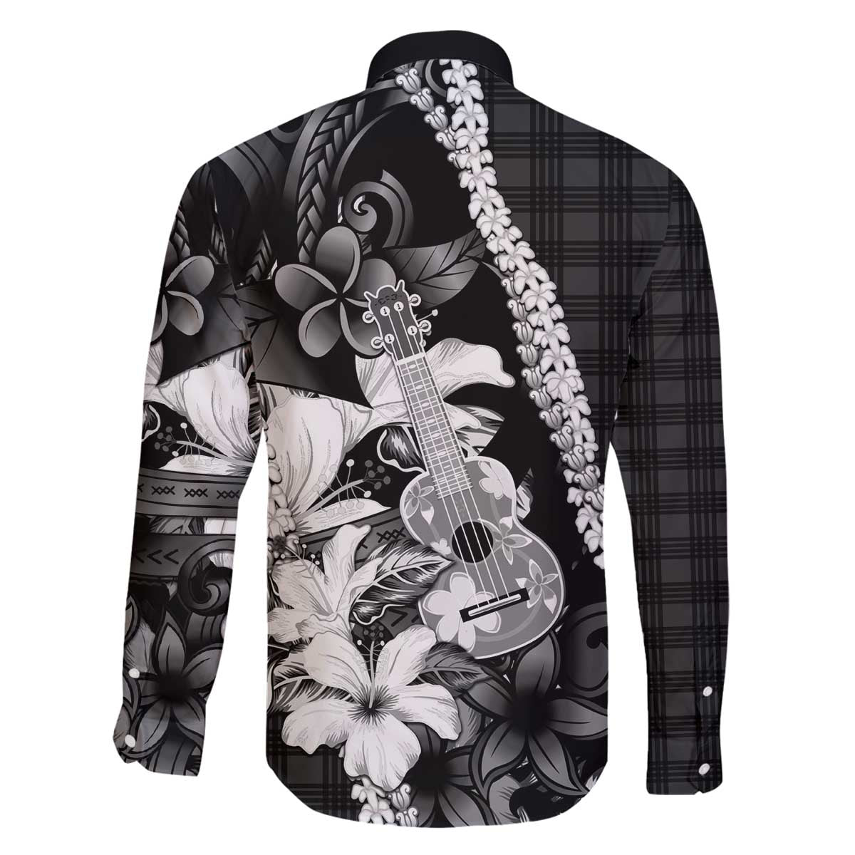 Hawaii Ukulele Family Matching Off The Shoulder Long Sleeve Dress and Hawaiian Shirt Tropical Flowers With Palaka Effect Black Version - Polynesian Pride