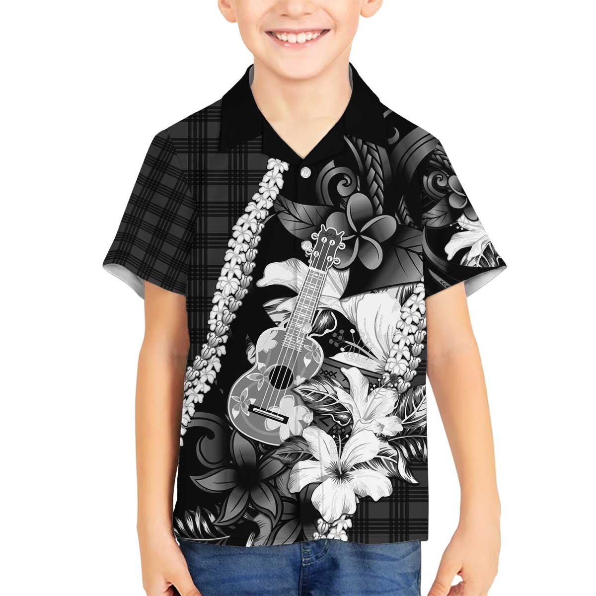 Hawaii Ukulele Family Matching Off The Shoulder Long Sleeve Dress and Hawaiian Shirt Tropical Flowers With Palaka Effect Black Version - Polynesian Pride