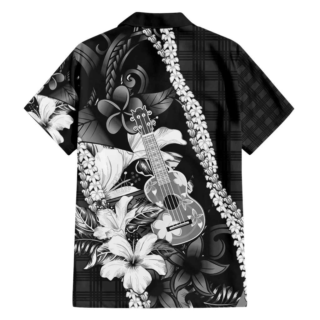 Hawaii Ukulele Family Matching Off Shoulder Maxi Dress and Hawaiian Shirt Tropical Flowers With Palaka Effect Black Version - Polynesian Pride