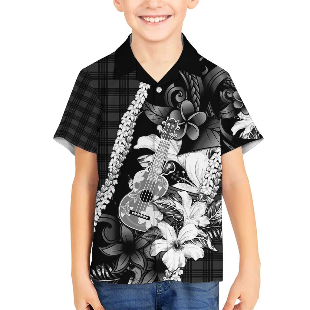 Hawaii Ukulele Family Matching Off Shoulder Maxi Dress and Hawaiian Shirt Tropical Flowers With Palaka Effect Black Version - Polynesian Pride