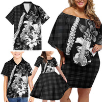 Hawaii Ukulele Family Matching Off Shoulder Short Dress and Hawaiian Shirt Tropical Flowers With Palaka Effect Black Version - Polynesian Pride