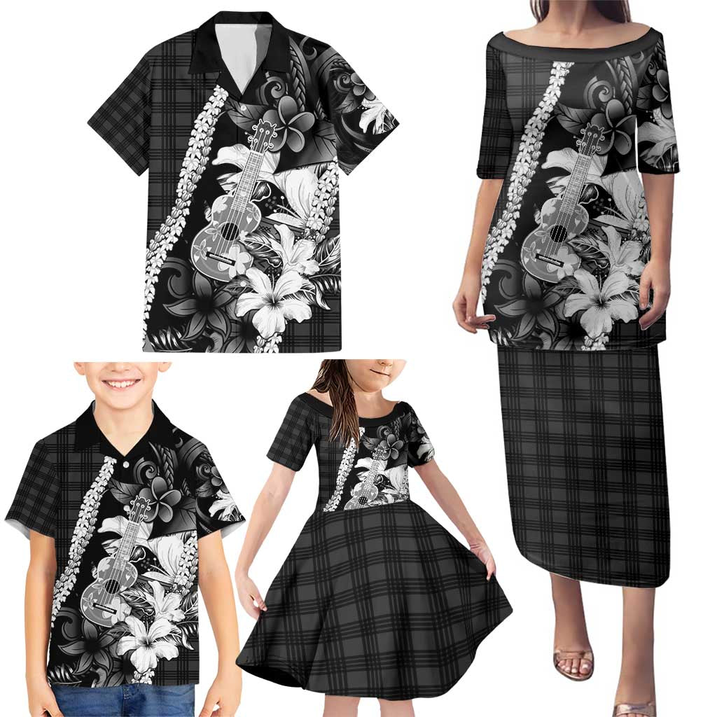Hawaii Ukulele Family Matching Puletasi and Hawaiian Shirt Tropical Flowers With Palaka Effect Black Version - Polynesian Pride