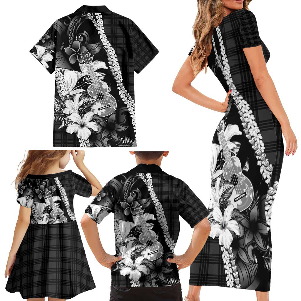 Hawaii Ukulele Family Matching Short Sleeve Bodycon Dress and Hawaiian Shirt Tropical Flowers With Palaka Effect Black Version - Polynesian Pride