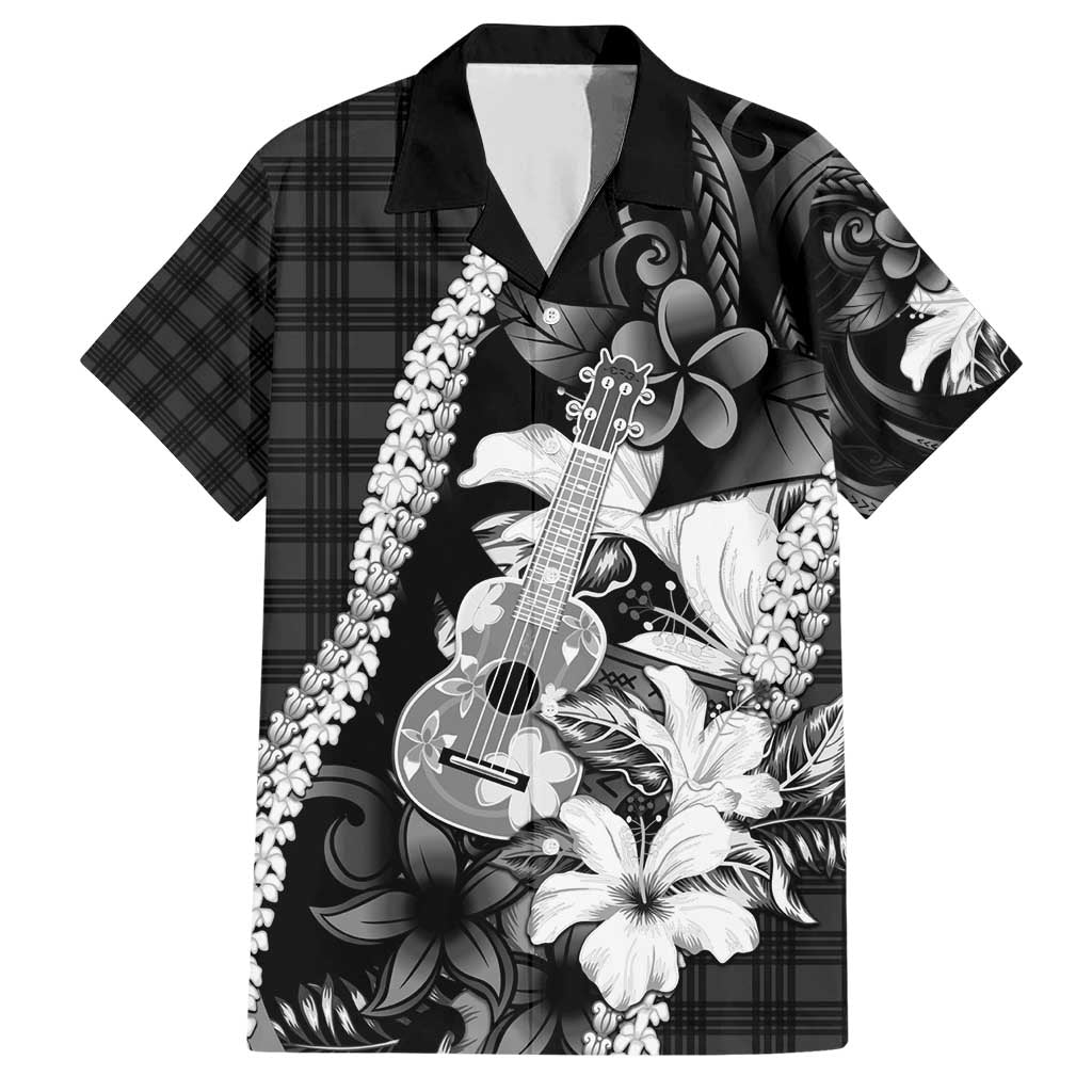 Hawaii Ukulele Family Matching Short Sleeve Bodycon Dress and Hawaiian Shirt Tropical Flowers With Palaka Effect Black Version - Polynesian Pride