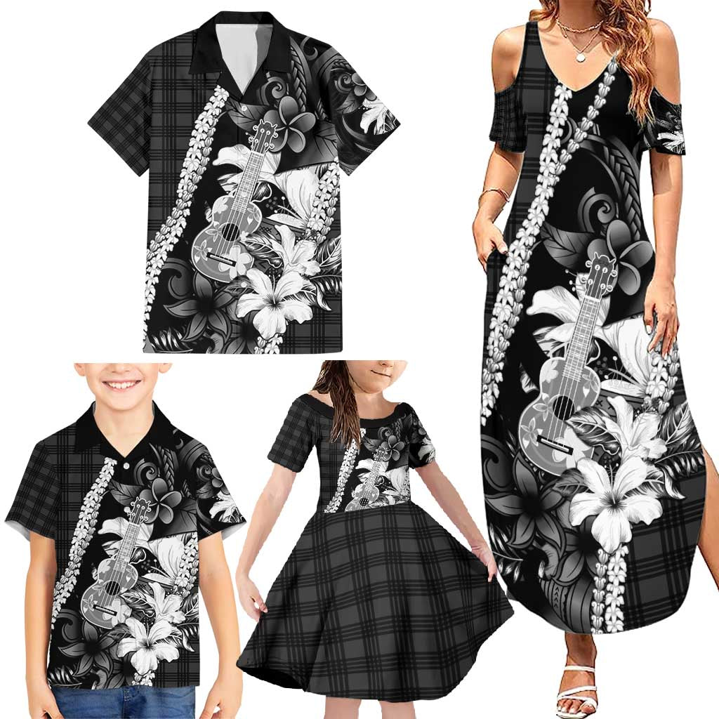 Hawaii Ukulele Family Matching Summer Maxi Dress and Hawaiian Shirt Tropical Flowers With Palaka Effect Black Version - Polynesian Pride