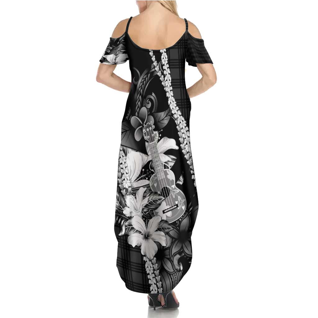 Hawaii Ukulele Family Matching Summer Maxi Dress and Hawaiian Shirt Tropical Flowers With Palaka Effect Black Version - Polynesian Pride