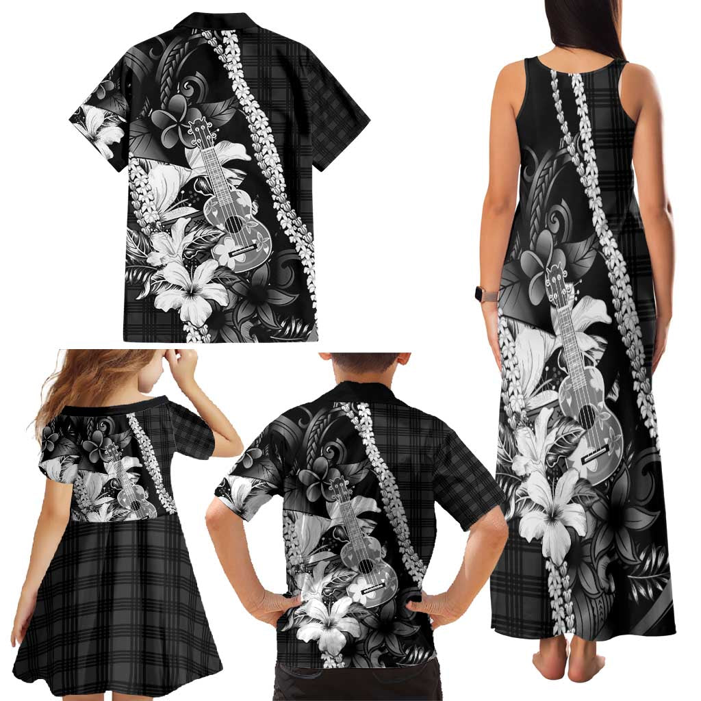 Hawaii Ukulele Family Matching Tank Maxi Dress and Hawaiian Shirt Tropical Flowers With Palaka Effect Black Version - Polynesian Pride