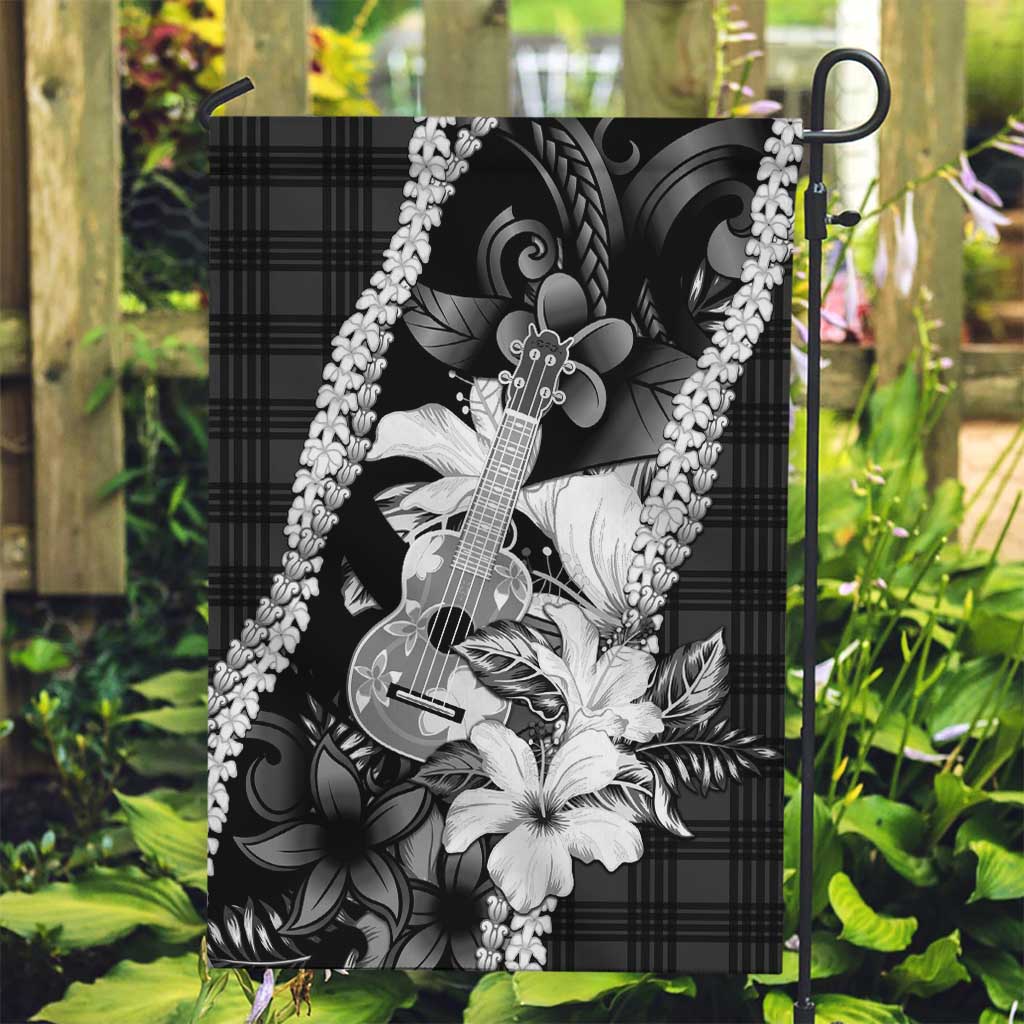 Hawaii Ukulele Garden Flag Tropical Flowers With Palaka Effect Black Version LT05 Garden Flag Black - Polynesian Pride