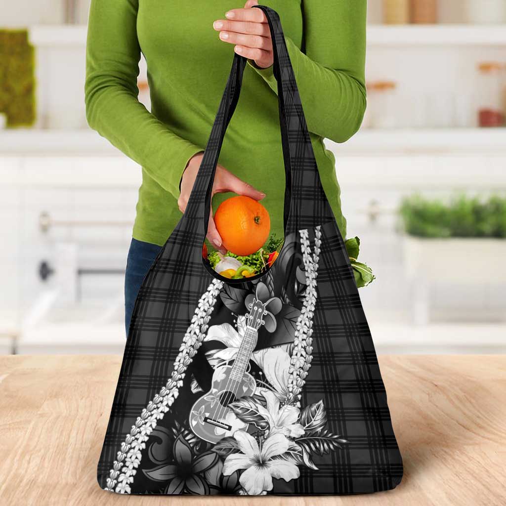 Hawaii Ukulele Grocery Bag Tropical Flowers With Palaka Effect Black Version - Polynesian Pride