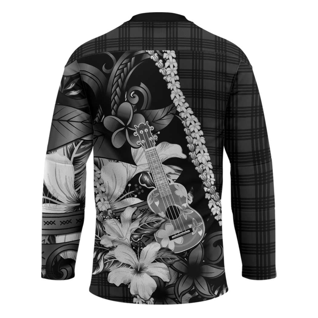 Hawaii Ukulele Hockey Jersey Tropical Flowers With Palaka Effect Black Version - Polynesian Pride