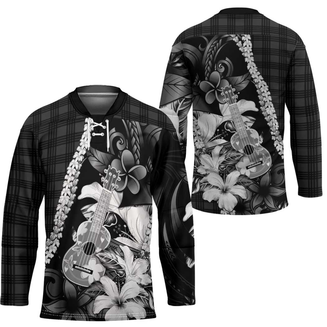Hawaii Ukulele Hockey Jersey Tropical Flowers With Palaka Effect Black Version - Polynesian Pride