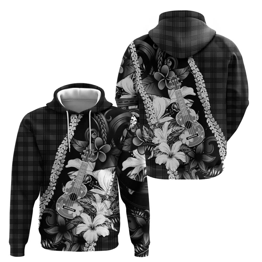 Hawaii Ukulele Hoodie Tropical Flowers With Palaka Effect Black Version - Polynesian Pride