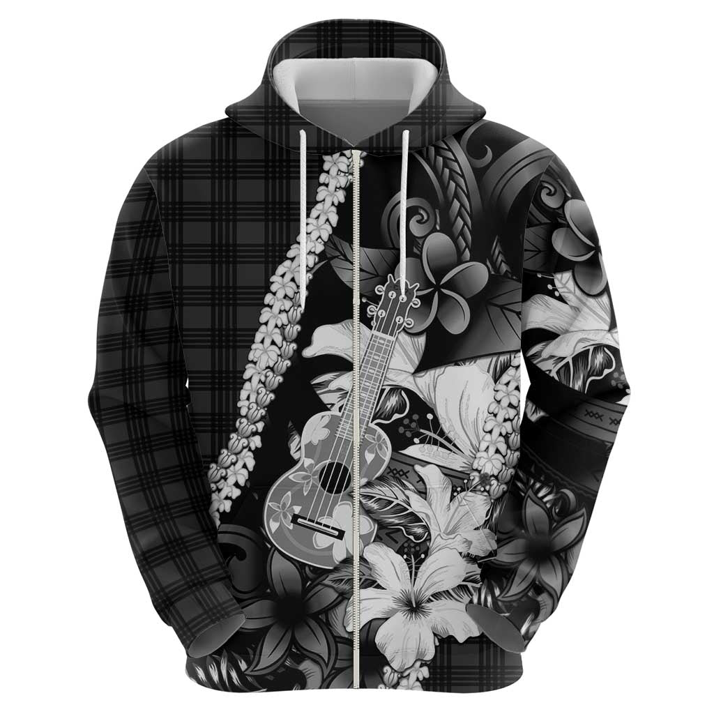 Hawaii Ukulele Hoodie Tropical Flowers With Palaka Effect Black Version - Polynesian Pride