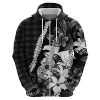 Hawaii Ukulele Hoodie Tropical Flowers With Palaka Effect Black Version - Polynesian Pride