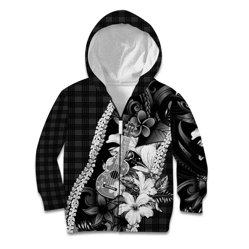 Hawaii Ukulele Kid Hoodie Tropical Flowers With Palaka Effect Black Version - Polynesian Pride