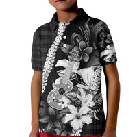 Hawaii Ukulele Kid Polo Shirt Tropical Flowers With Palaka Effect Black Version - Polynesian Pride