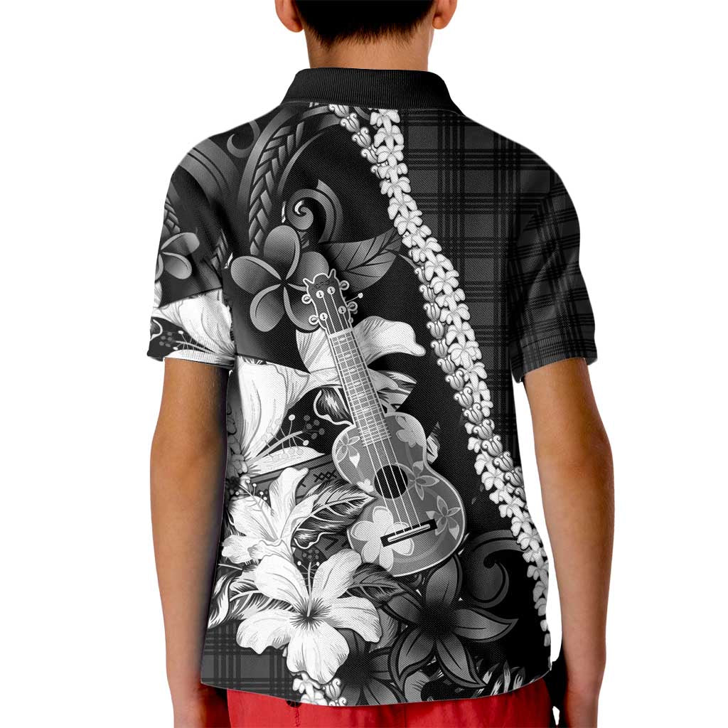 Hawaii Ukulele Kid Polo Shirt Tropical Flowers With Palaka Effect Black Version - Polynesian Pride
