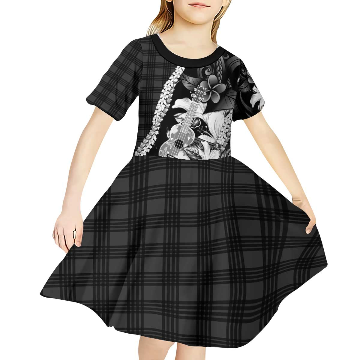Hawaii Ukulele Kid Short Sleeve Dress Tropical Flowers With Palaka Effect Black Version - Polynesian Pride