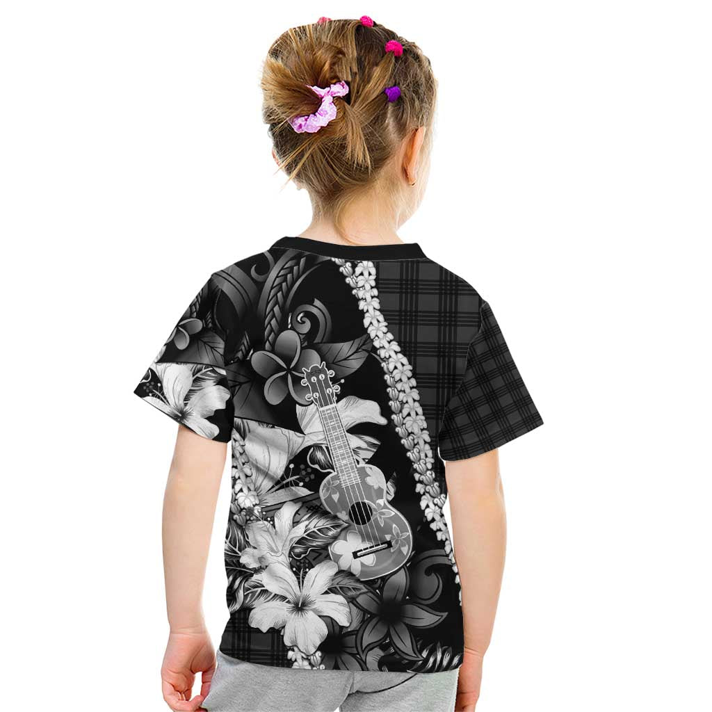 Hawaii Ukulele Kid T Shirt Tropical Flowers With Palaka Effect Black Version - Polynesian Pride