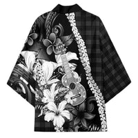 Hawaii Ukulele Kimono Tropical Flowers With Palaka Effect Black Version - Polynesian Pride