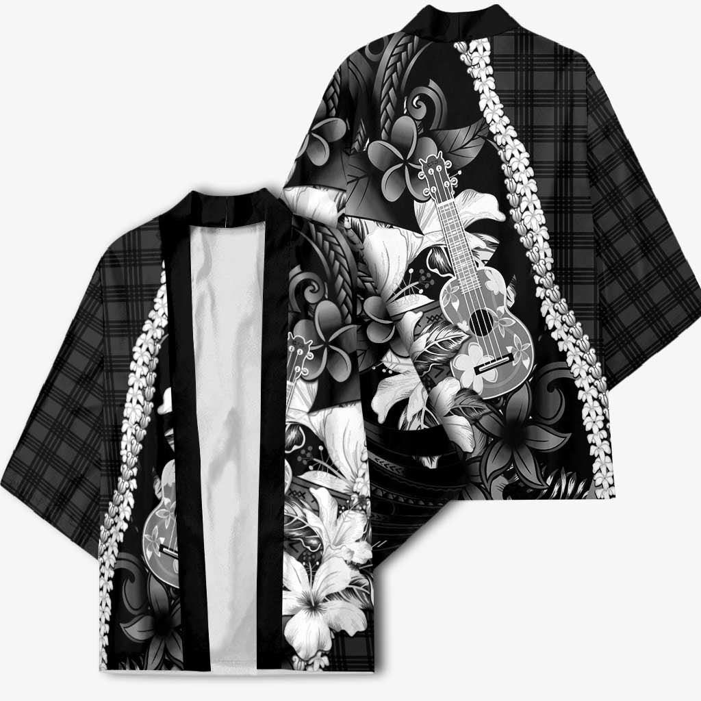 Hawaii Ukulele Kimono Tropical Flowers With Palaka Effect Black Version - Polynesian Pride