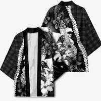 Hawaii Ukulele Kimono Tropical Flowers With Palaka Effect Black Version - Polynesian Pride