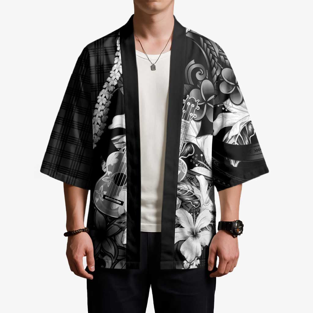 Hawaii Ukulele Kimono Tropical Flowers With Palaka Effect Black Version - Polynesian Pride