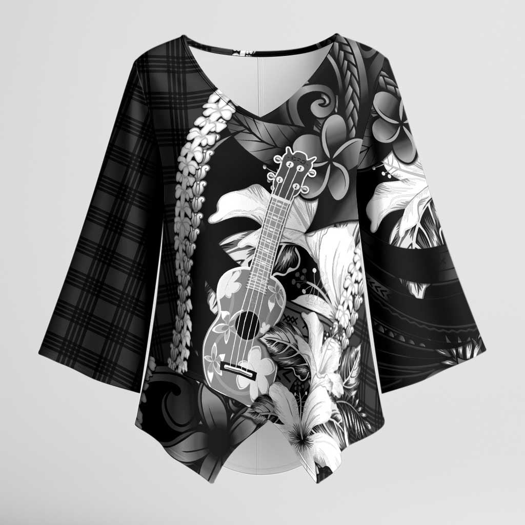 Hawaii Ukulele Kimono Sleeve Blouse Tropical Flowers With Palaka Effect Black Version - Polynesian Pride