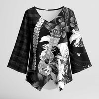 Hawaii Ukulele Kimono Sleeve Blouse Tropical Flowers With Palaka Effect Black Version - Polynesian Pride