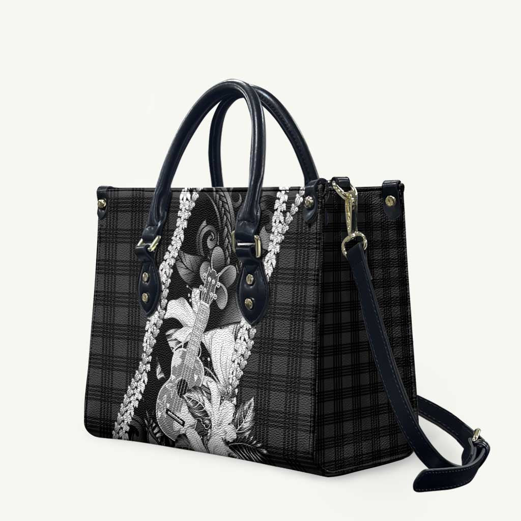 Hawaii Ukulele Leather Bag Tropical Flowers With Palaka Effect Black Version - Polynesian Pride