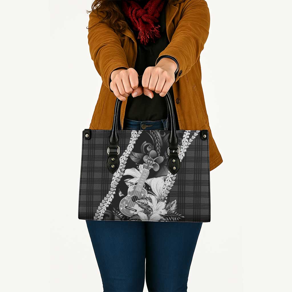 Hawaii Ukulele Leather Bag Tropical Flowers With Palaka Effect Black Version - Polynesian Pride