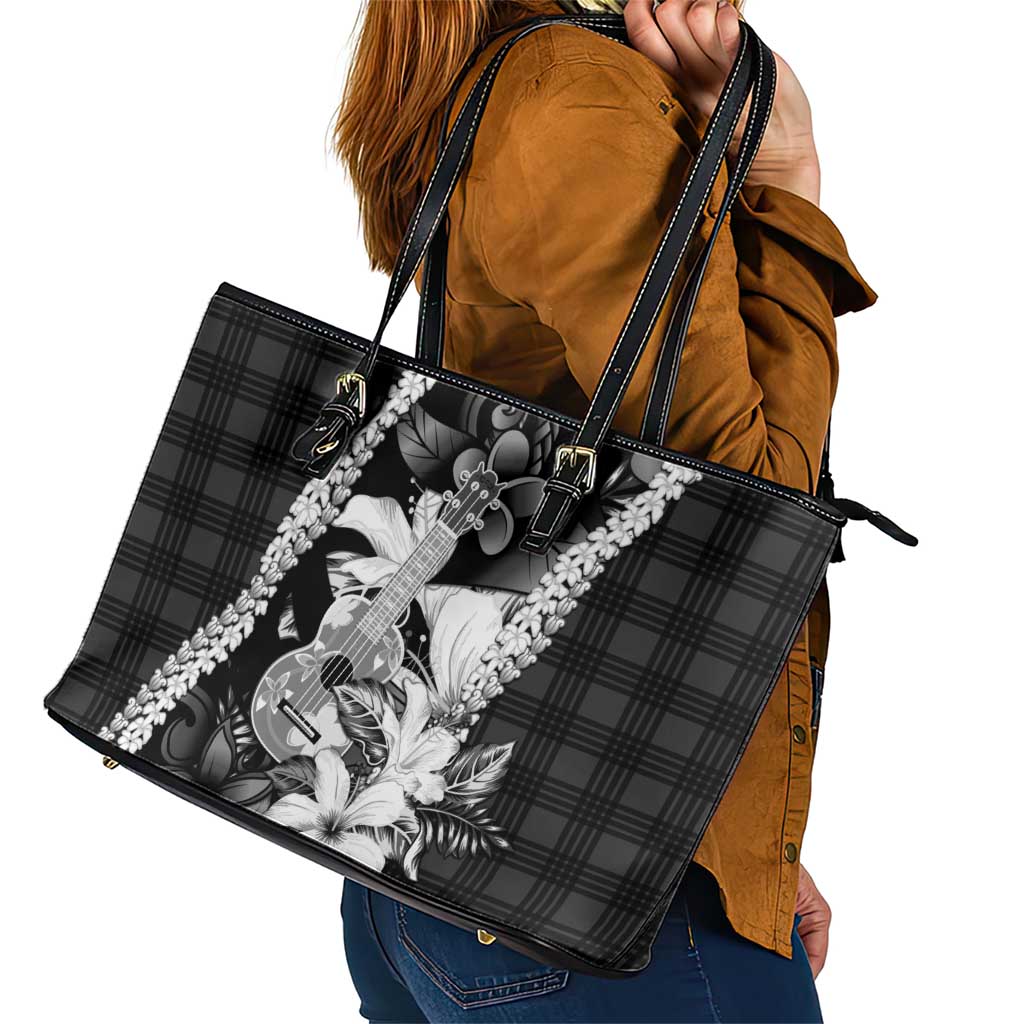 Hawaii Ukulele Leather Tote Bag Tropical Flowers With Palaka Effect Black Version - Polynesian Pride