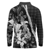 Hawaii Ukulele Long Sleeve Polo Shirt Tropical Flowers With Palaka Effect Black Version - Polynesian Pride