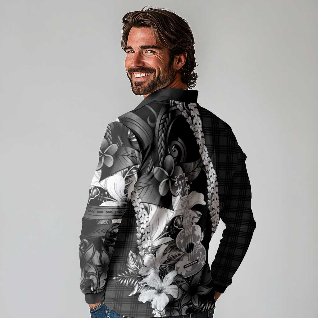 Hawaii Ukulele Long Sleeve Polo Shirt Tropical Flowers With Palaka Effect Black Version - Polynesian Pride