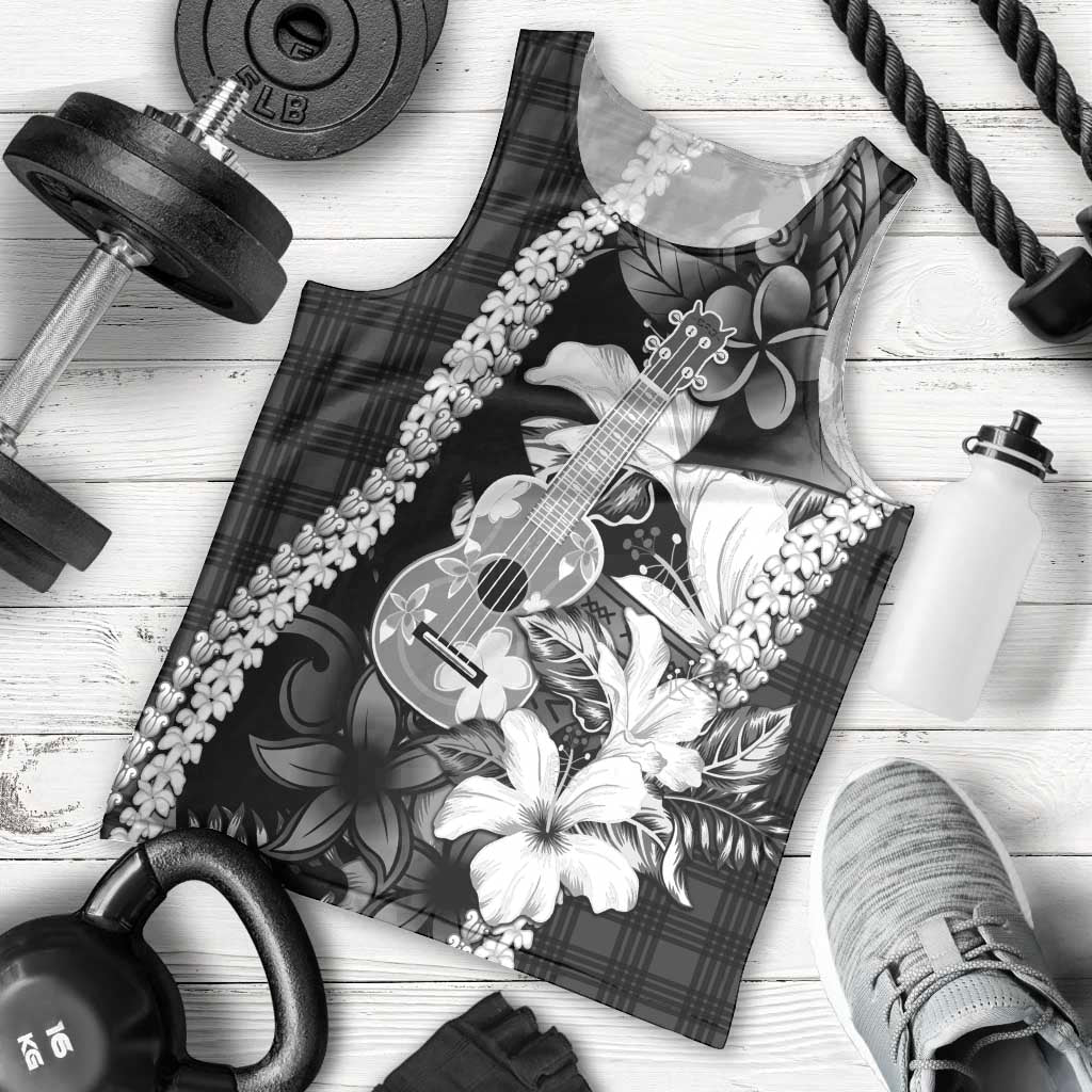 Hawaii Ukulele Men Tank Top Tropical Flowers With Palaka Effect Black Version LT05 - Polynesian Pride