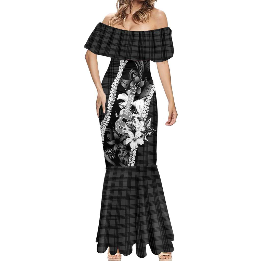 Hawaii Ukulele Mermaid Dress Tropical Flowers With Palaka Effect Black Version - Polynesian Pride