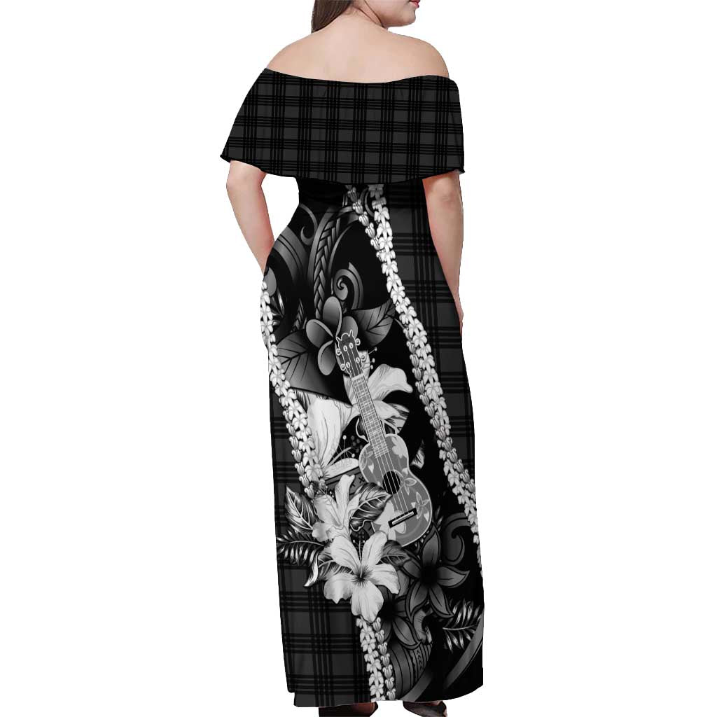 Hawaii Ukulele Off Shoulder Maxi Dress Tropical Flowers With Palaka Effect Black Version - Polynesian Pride