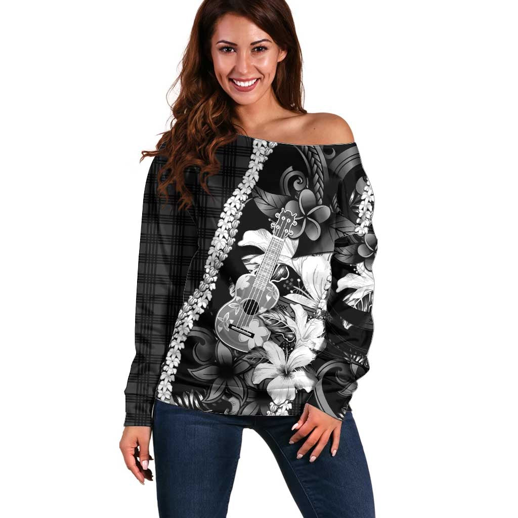 Hawaii Ukulele Off Shoulder Sweater Tropical Flowers With Palaka Effect Black Version - Polynesian Pride