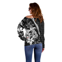 Hawaii Ukulele Off Shoulder Sweater Tropical Flowers With Palaka Effect Black Version - Polynesian Pride