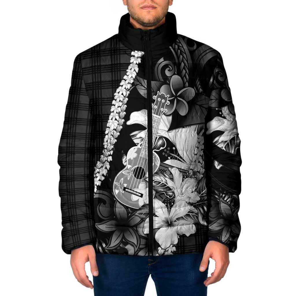 Hawaii Ukulele Padded Jacket Tropical Flowers With Palaka Effect Black Version - Polynesian Pride