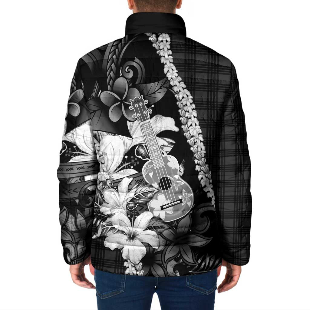 Hawaii Ukulele Padded Jacket Tropical Flowers With Palaka Effect Black Version - Polynesian Pride
