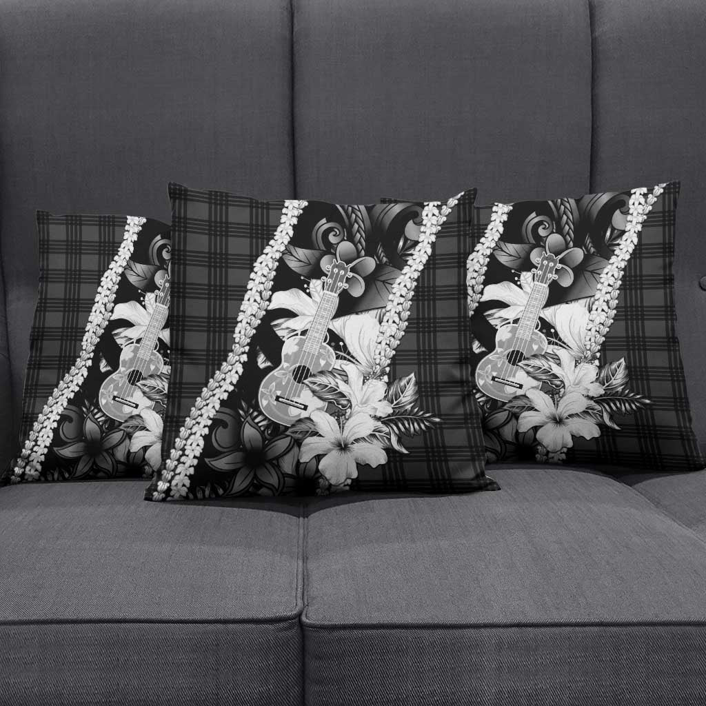 Hawaii Ukulele Pillow Cover Tropical Flowers With Palaka Effect Black Version - Polynesian Pride