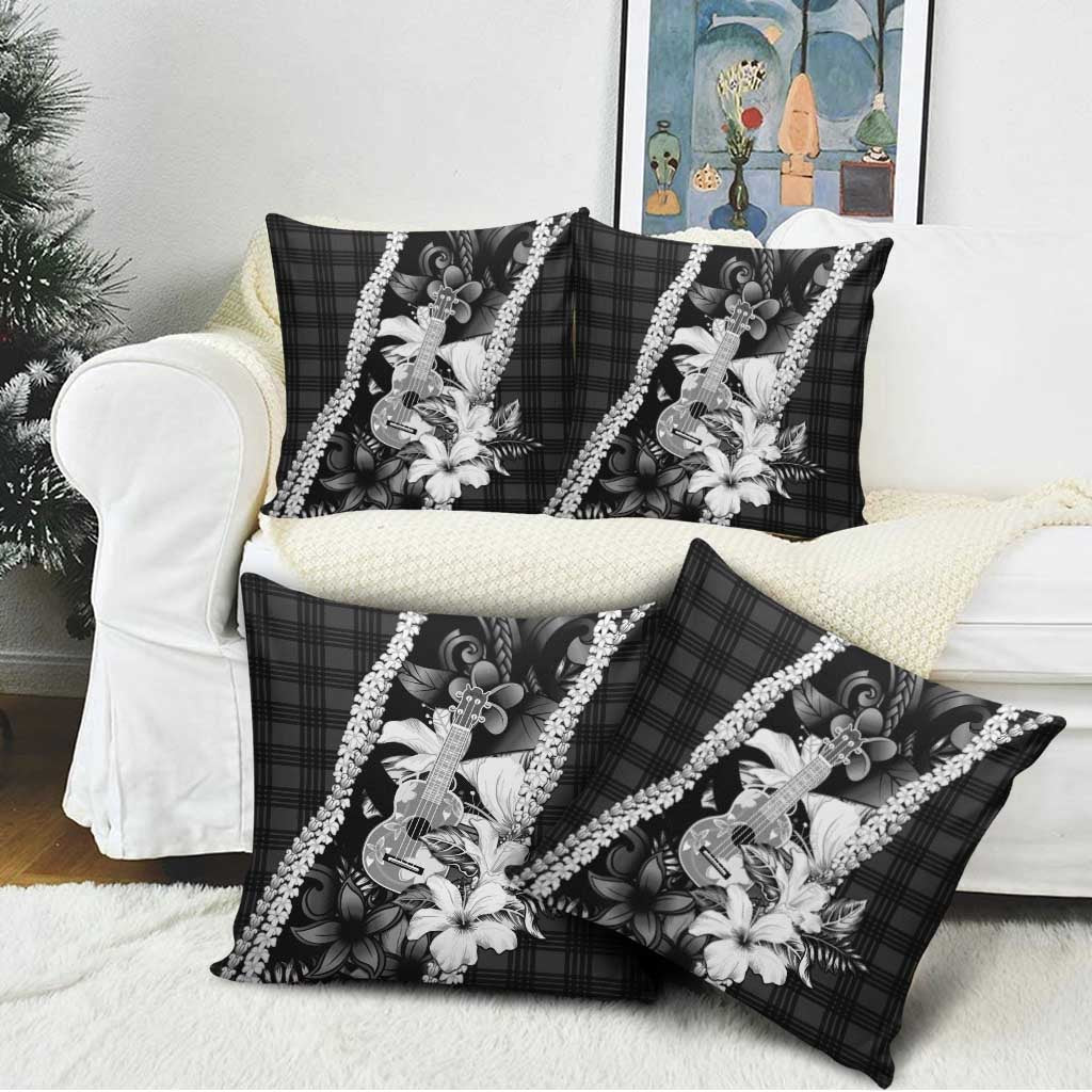 Hawaii Ukulele Pillow Cover Tropical Flowers With Palaka Effect Black Version - Polynesian Pride