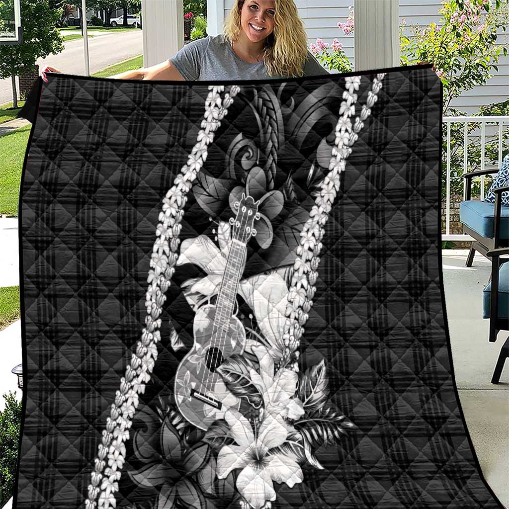 Hawaii Ukulele Quilt Tropical Flowers With Palaka Effect Black Version LT05 Black - Polynesian Pride